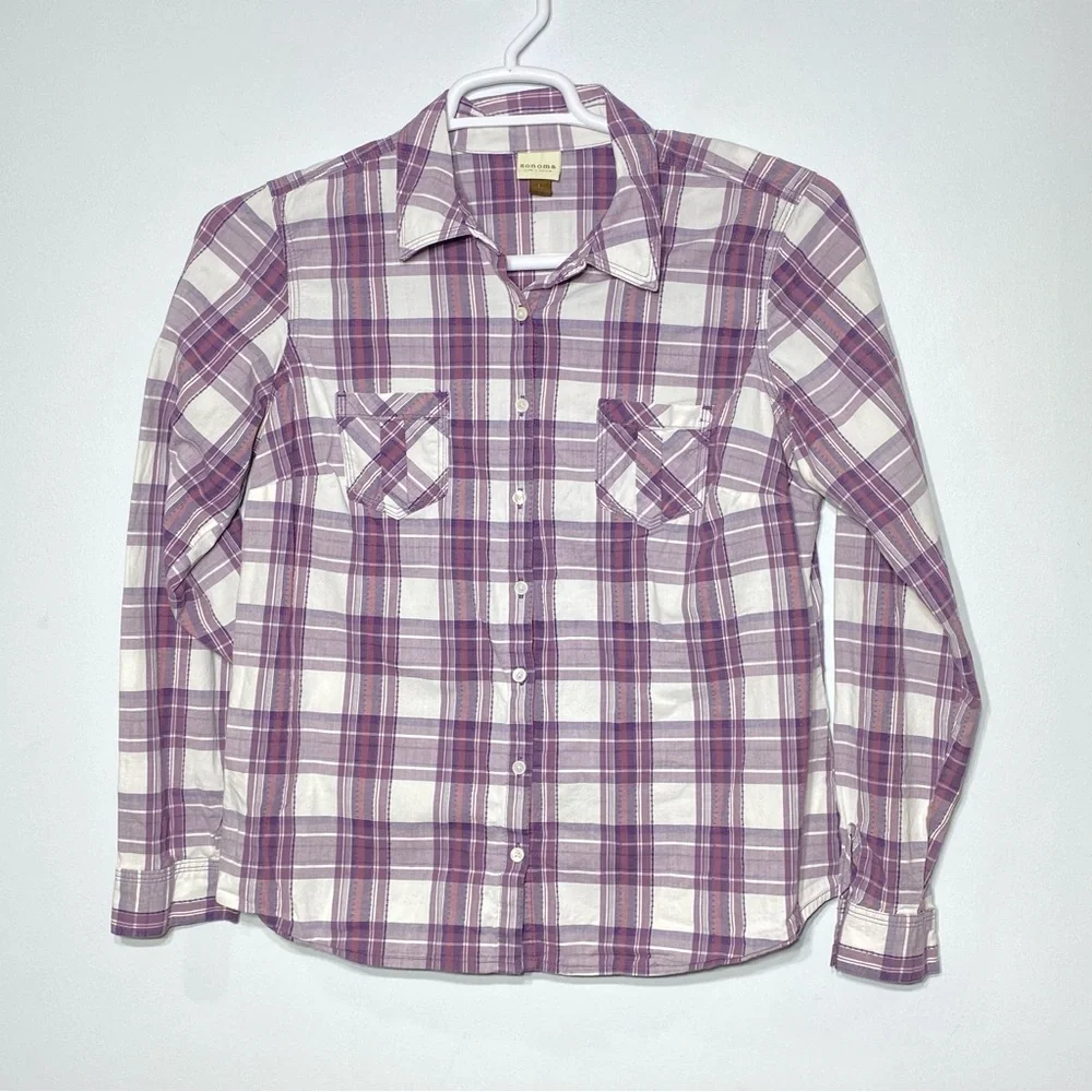 Sonoma Life Style Women's L Purple Plaid Flannel Button Up Collared Long Sleeve - Picture 1 of 15